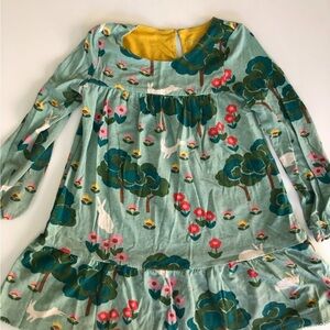 Mini Boden Mint Green Floral & Bunny Dress with Mustard Accent. Size girls 3/4